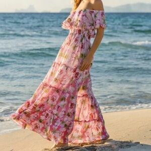 Miss June Paris Pink Floral Off-Shoulder Maxi Dress